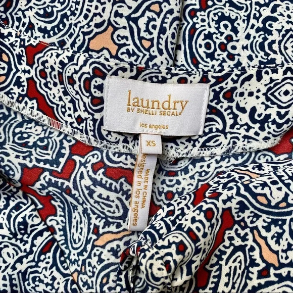 Laundry by Shelli Segal Burgundy Navy Print Blouse XS | Lace-Up Fall Top - Picture 12 of 12